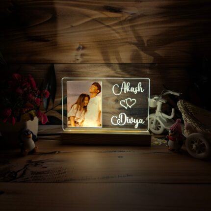 Best Gift For Couples - Personalized Acrylic led lamp with 1 image and Names written with wooden led base - best Anniversary, Wedding Gift For Couples
