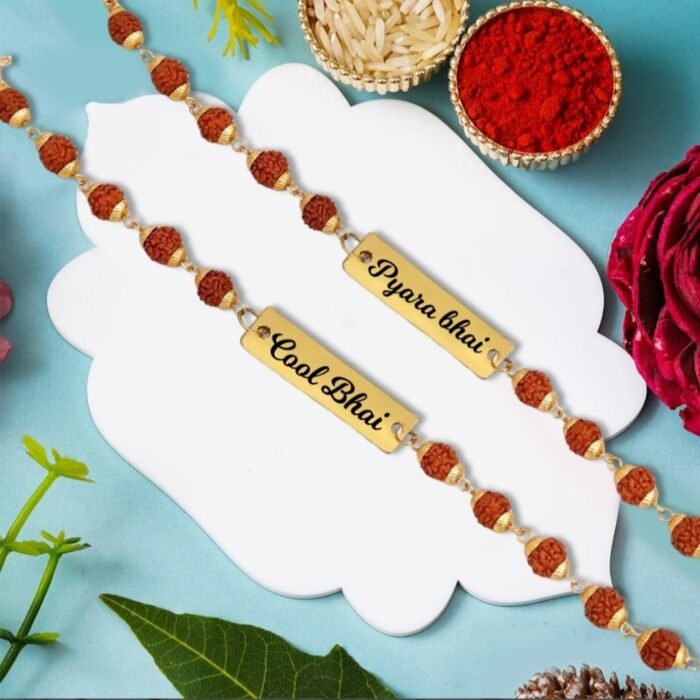 Customized Rudraksha Metal Rakhis For Brothers (2 QTY) - Image 2